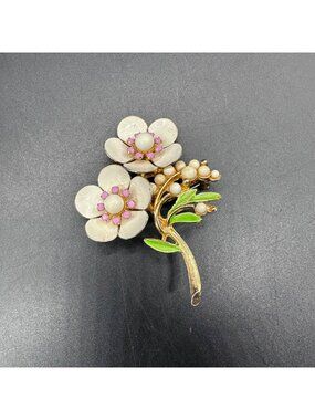 Vintage Floral Enamel Brooch Pin Pink White Gold Tone Mid Century Jewelry Retro